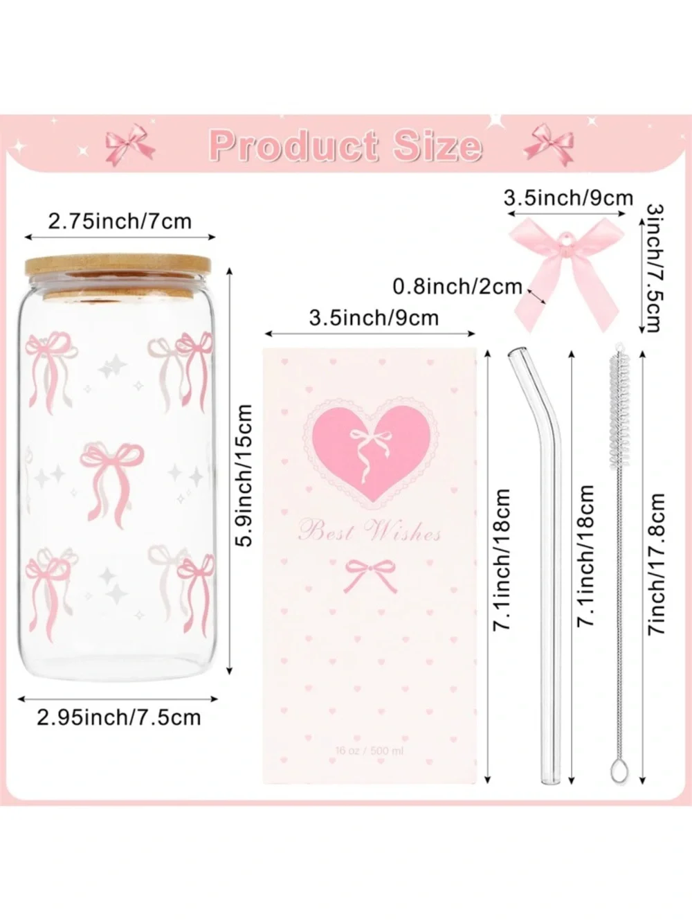 Pink Bow 16 oz Glass Cup